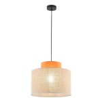 Lampa wisząca Duo D38 z jedną oprawą E27, z materiału juta w kolorze naturalnym, z pomarańczowym wykończeniem u góry. Produkt zawieszony na czarnym przewodzie, z okrągłym, czarnym mocowaniem sufitowym.