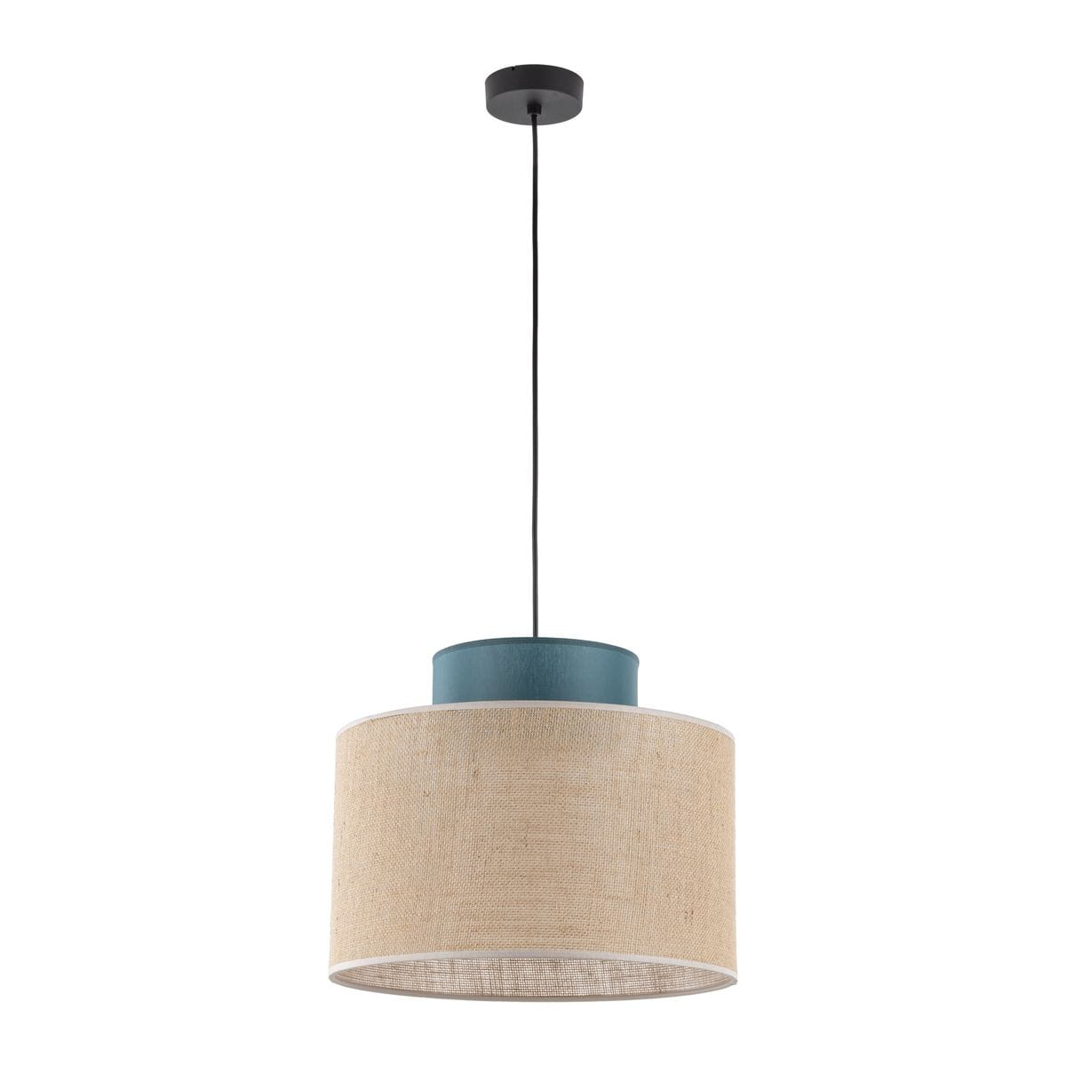 Lampa wisząca Duo D38 z kloszem w kolorze jutowym i zielonym uchwytem. Stojąca na czarnym przewodzie, o okrągłym kształcie. Idealna do nowoczesnych aranżacji wnętrz, zawieszona na białym tle.