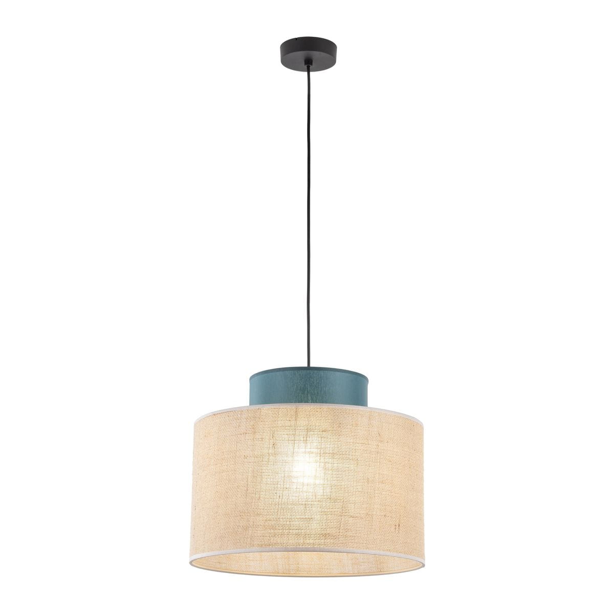Lampa wisząca Duo D38 z oprawą w kolorze zielonym i kloszem z juty. Okrągły kształt, zawieszona na czarnym przewodzie. Stylowy element dekoracyjny, idealny do nowoczesnych wnętrz.