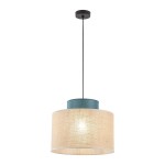 Lampa wisząca Duo D38 z oprawą w kolorze zielonym i kloszem z juty. Okrągły kształt, zawieszona na czarnym przewodzie. Stylowy element dekoracyjny, idealny do nowoczesnych wnętrz.