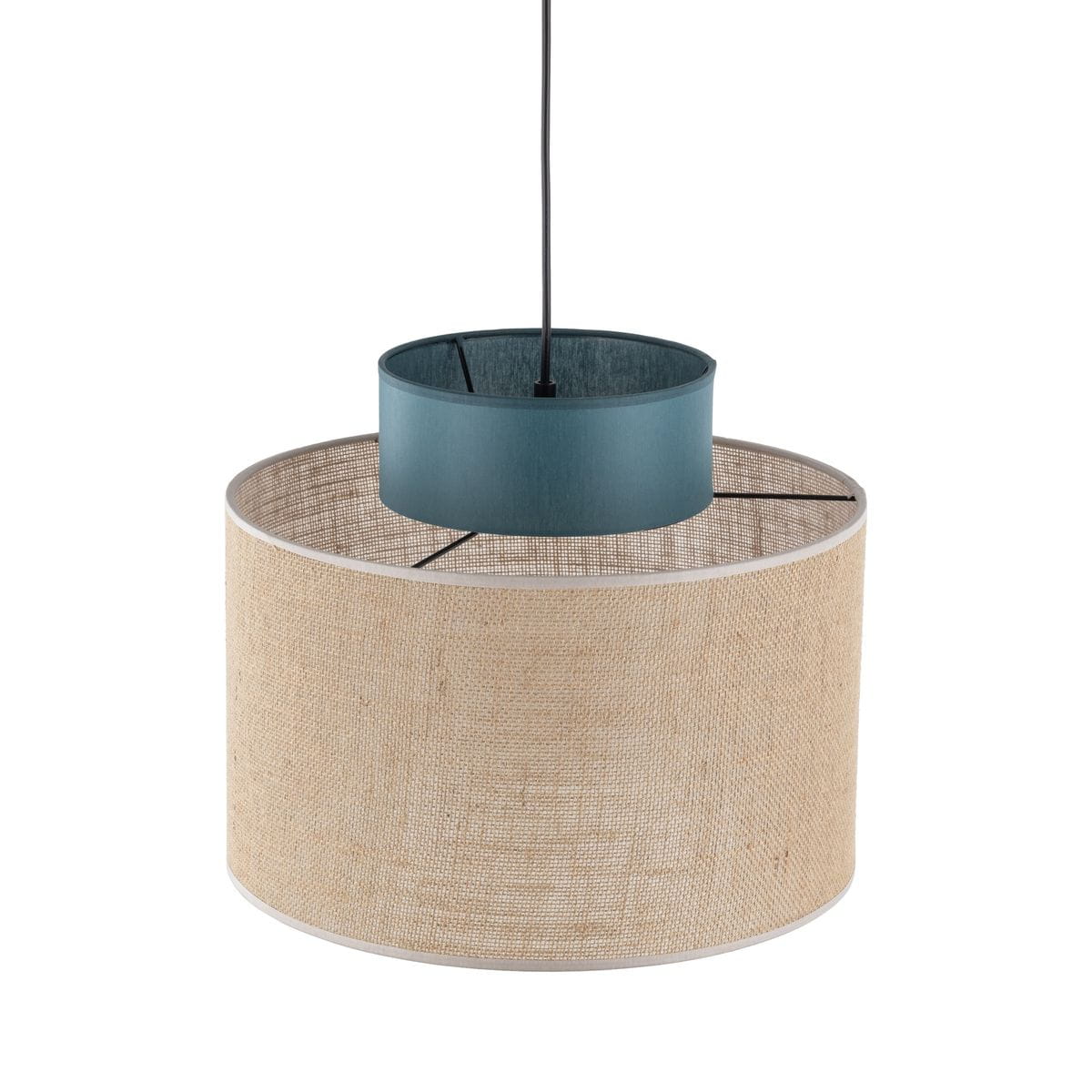 Lampa wisząca Duo D38 z abażurem w kolorze naturalnym z juty oraz zielonym obrzeżem. Ujęcie frontalne, ukazujące okrągły kształt i teksturę materiałów. Przewód w czarnym kolorze, miejsce na jedną żarówkę E27.