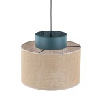 Lampa wisząca Duo D38 z abażurem w kolorze naturalnym z juty oraz zielonym obrzeżem. Ujęcie frontalne, ukazujące okrągły kształt i teksturę materiałów. Przewód w czarnym kolorze, miejsce na jedną żarówkę E27.