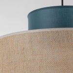 Lampa wisząca Duo D38 z kloszem w kolorze zielonym i juty. Kształt cylindryczny, z widoczną teksturą jutowej osłony. Położenie: zbliżenie z góry, ukazujące detale materiałów. Idealna do nowoczesnych wnętrz.