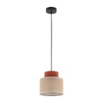 Lampa wisząca Duo D20 z jednym gniazdem E27. Posiada brązowy klosz z juta oraz ceramiczną podstawę w kolorze terrakoty. Ujęcie z boku, zawieszona na czarnym kablu. Tło białe, co podkreśla naturalne materiały lampy.