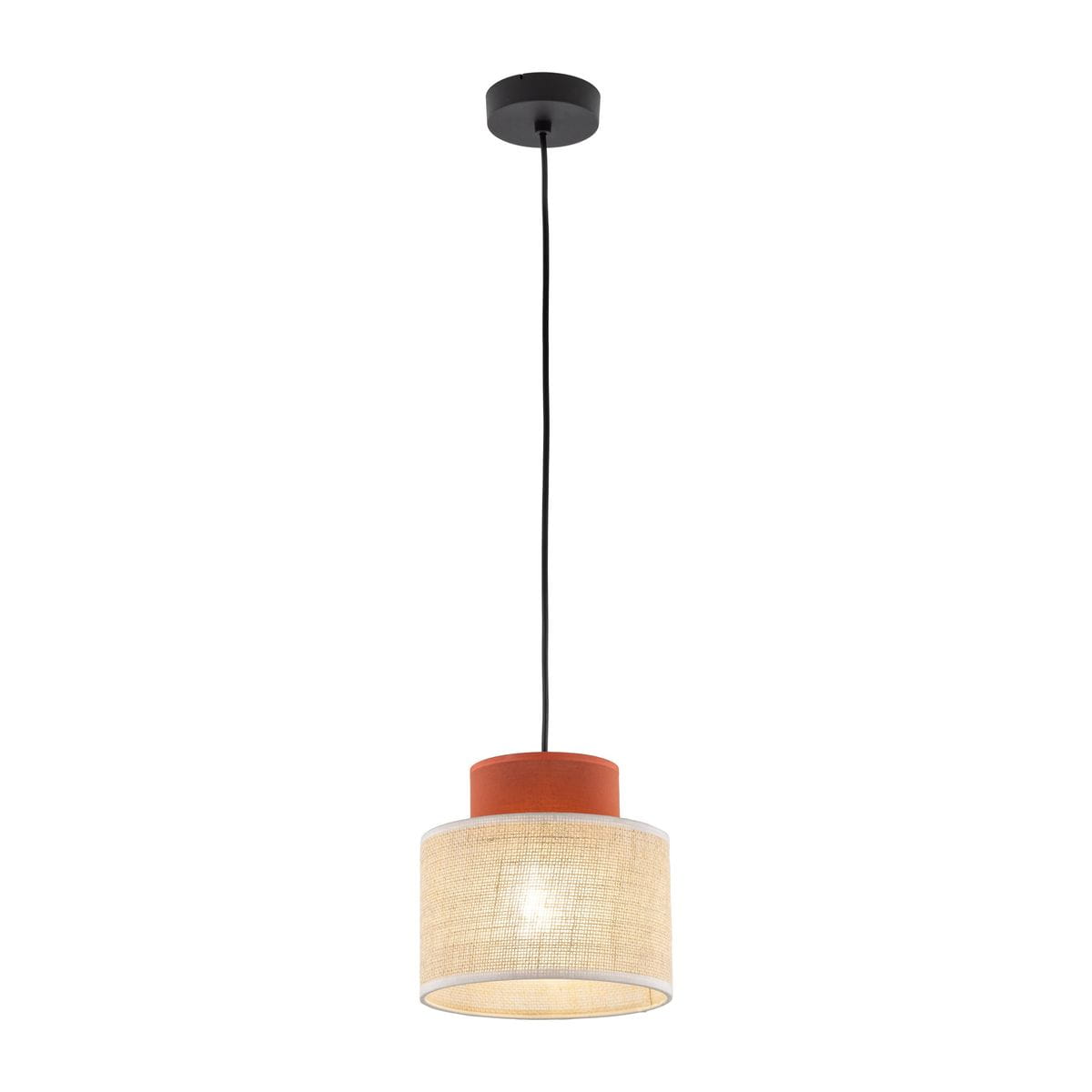 Lampa wisząca Duo D20 z kloszem z juty w brązowym kolorze, zawieszona na czarnym przewodzie. Okrągła podstawa w kolorze terakoty, z miejscem na żarówkę E27. Prosty, nowoczesny design, idealna do wnętrz.