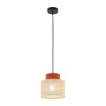 Lampa wisząca Duo D20 z kloszem z juty w brązowym kolorze, zawieszona na czarnym przewodzie. Okrągła podstawa w kolorze terakoty, z miejscem na żarówkę E27. Prosty, nowoczesny design, idealna do wnętrz.