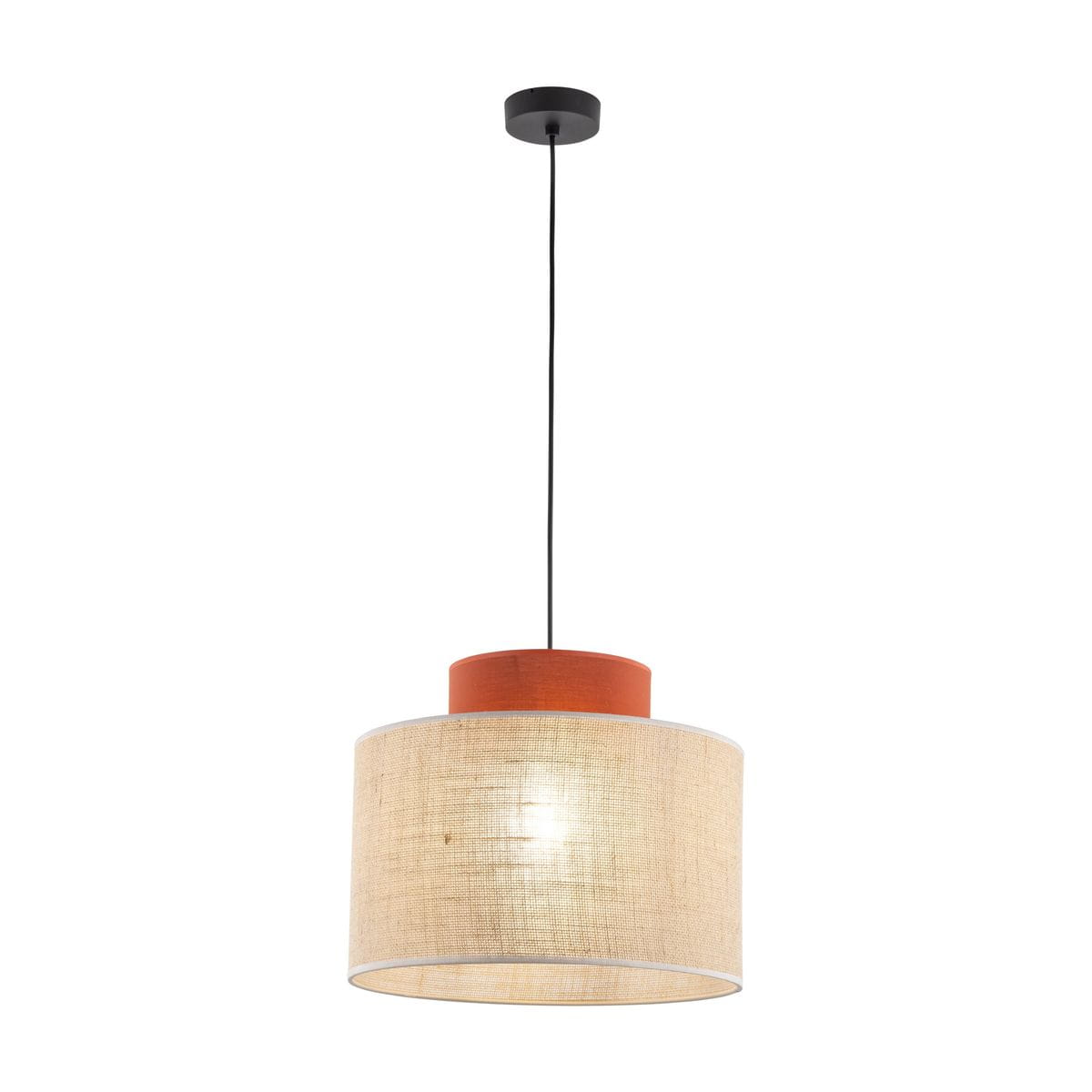 Lampa wisząca Duo D38 z brązowym elementem i abażurem z juty, zawieszona na czarnym kablu. Okrągły kształt, przekształcający światło w ciepłą atmosferę. Idealna do nowoczesnych wnętrz.