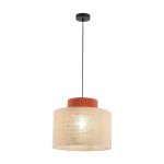 Lampa wisząca Duo D38 z brązowym elementem i abażurem z juty, zawieszona na czarnym kablu. Okrągły kształt, przekształcający światło w ciepłą atmosferę. Idealna do nowoczesnych wnętrz.
