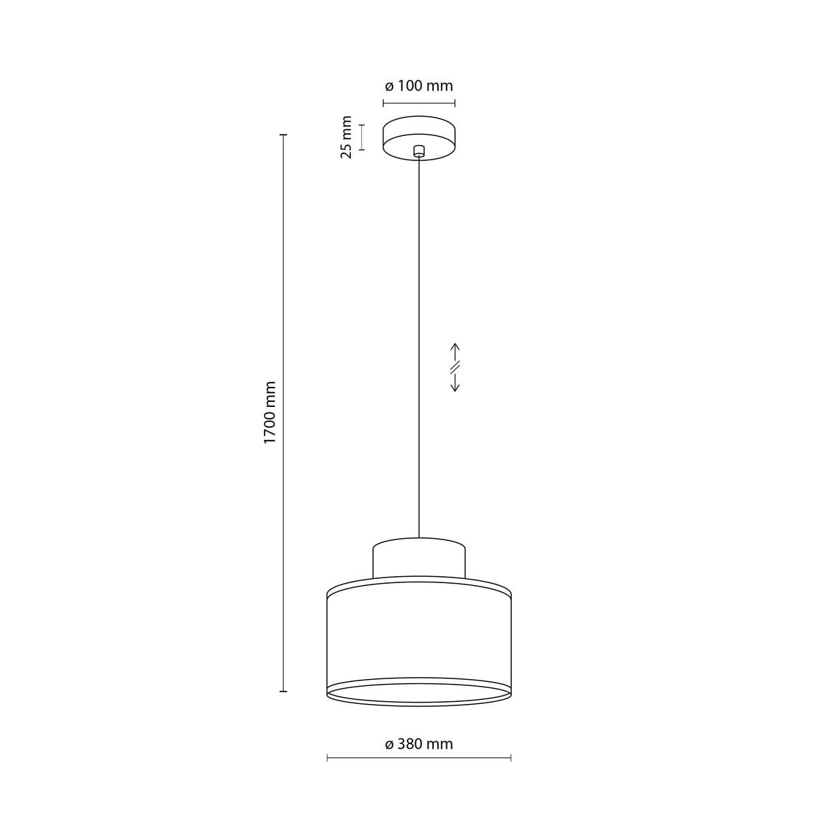 Lampa wisząca Duo D38 z brązowym kloszem i jutowym wykończeniem, o średnicy 380 mm i wysokości 1700 mm. Zawieszona na cienkim przewodzie, z okrągłym mocowaniem o średnicy 100 mm. Idealna do nowoczesnych wnętrz.