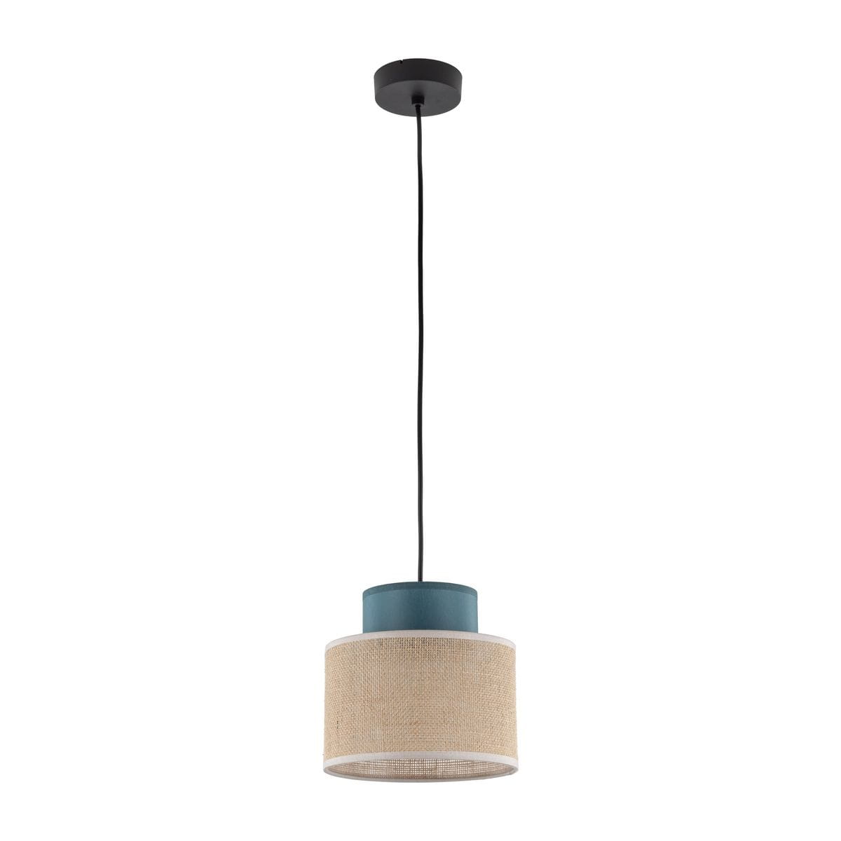 Lampa wisząca Duo D20 z oprawą w kolorze zielonym i kloszem z juty. Klosz ma okrągły kształt, a na górze znajduje się metalowy element. Produkt jest zawieszony na czarnym przewodzie, z zamocowaniem sufitowym w kolorze czarnym.