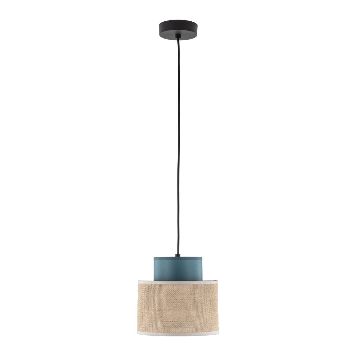 Lampa wisząca Duo D20 z jedną oprawą E27 w zielonym kolorze z metalowym kloszem, otoczonym beżowym abażurem z juty. Zawieszona na czarnym przewodzie, z okrągłym, czarnym mocowaniem sufitowym.