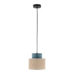 Lampa wisząca Duo D20 z jedną oprawą E27 w zielonym kolorze z metalowym kloszem, otoczonym beżowym abażurem z juty. Zawieszona na czarnym przewodzie, z okrągłym, czarnym mocowaniem sufitowym.
