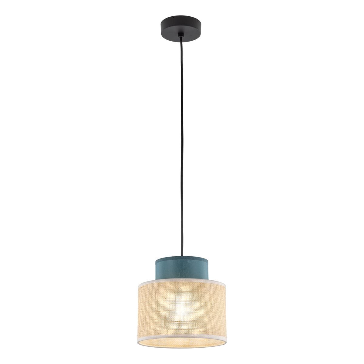 Lampa wisząca Duo D20 z kolorowym kloszem w zielonym kolorze i jutowym wykończeniem, z zawieszeniem na czarnym przewodzie. Klosz ma cylindryczny kształt, a źródło światła E27 jest widoczne wewnątrz. Tło białe, minimalistyczne.