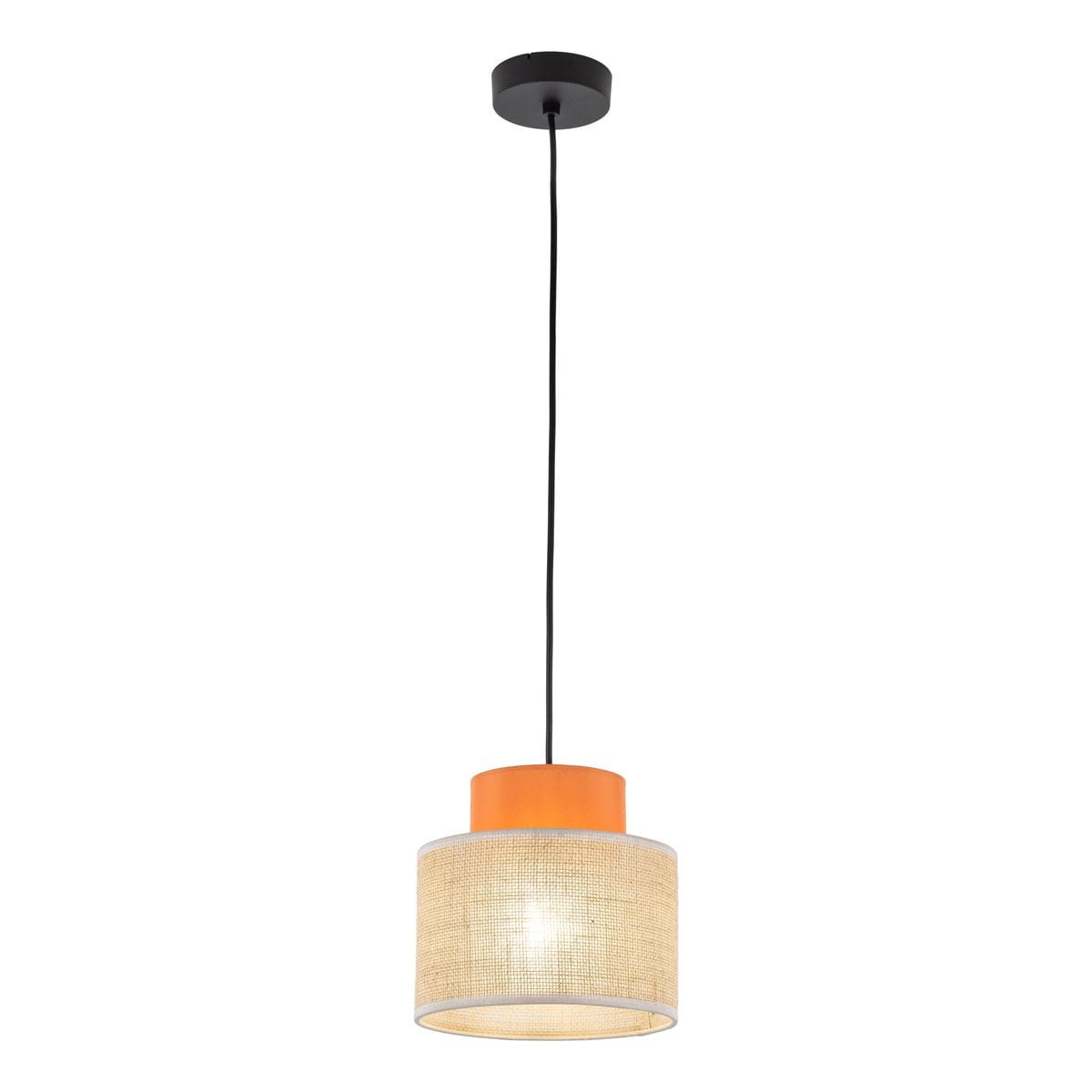 Lampa wisząca Duo D20 z jedną oprawą E27, w kolorze pomarańczowym i juta. Klosz o cylindrycznym kształcie, z przezroczystą fakturą, zawieszony na czarnym przewodzie. Ujęcie frontalne, lampa wisi na białym tle.