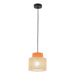 Lampa wisząca Duo D20 z jedną oprawą E27, w kolorze pomarańczowym i juta. Klosz o cylindrycznym kształcie, z przezroczystą fakturą, zawieszony na czarnym przewodzie. Ujęcie frontalne, lampa wisi na białym tle.