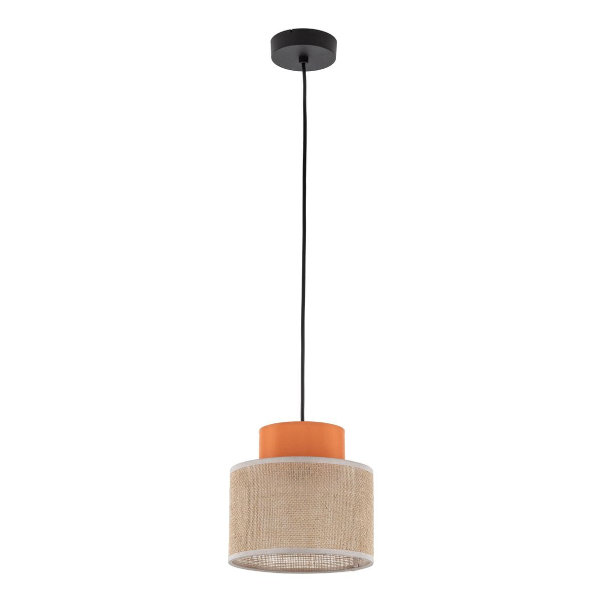 Lampa wisząca Duo D20 z kloszem w kolorze pomarańczowym i jutowym, zawieszona na czarnym przewodzie. Kształt cylindryczny z teksturowanym wykończeniem. Idealna do nowoczesnych wnętrz.