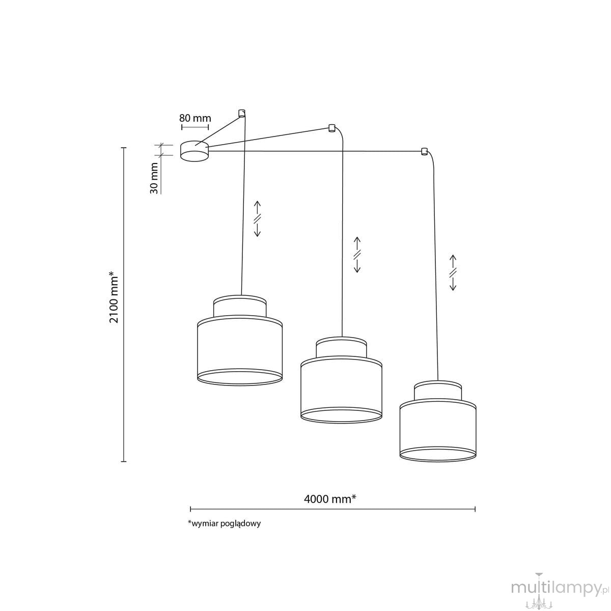 Duo lampa wisząca z trzema kloszami w różnych kolorach, zawieszona na cienkim przewodzie. Klosze mają cylindryczny kształt, wykonane z juty. Wymiary: wysokość 2100 mm, średnica 4000 mm, z mocowaniem sufitowym o średnicy 80 mm.