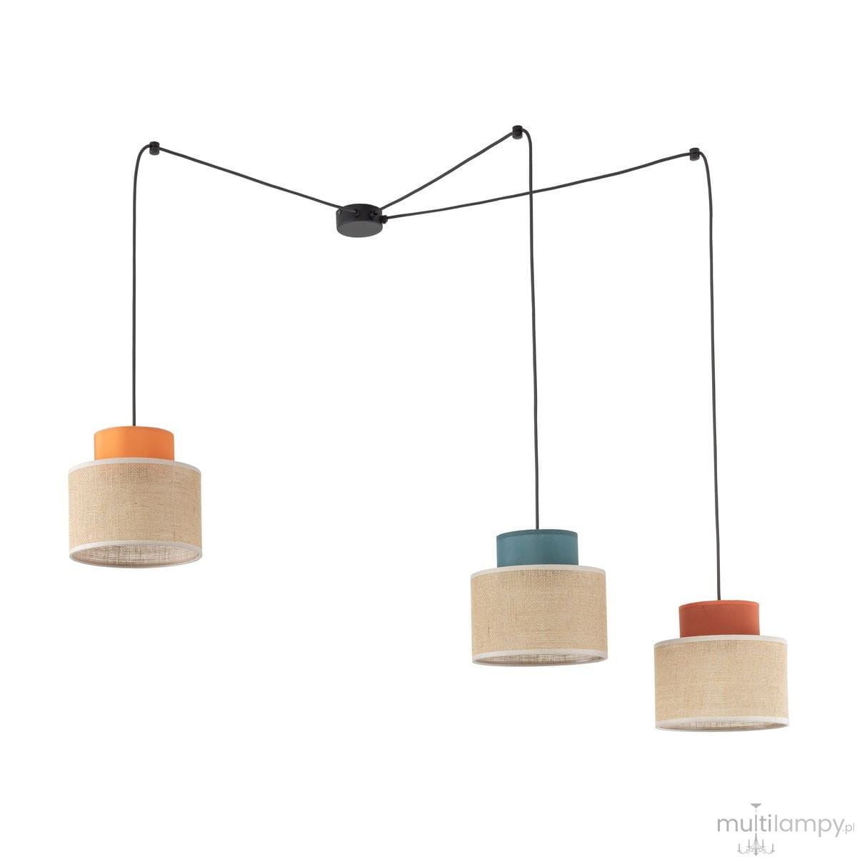 Lampa wisząca Duo z trzema kloszami E27 w kolorach pomarańczowym, niebieskim i czerwonym, wykonana z juty. Klosze zawieszone na czarnych linkach, umocowane do sufitowego mocowania. Idealna do nowoczesnych wnętrz.