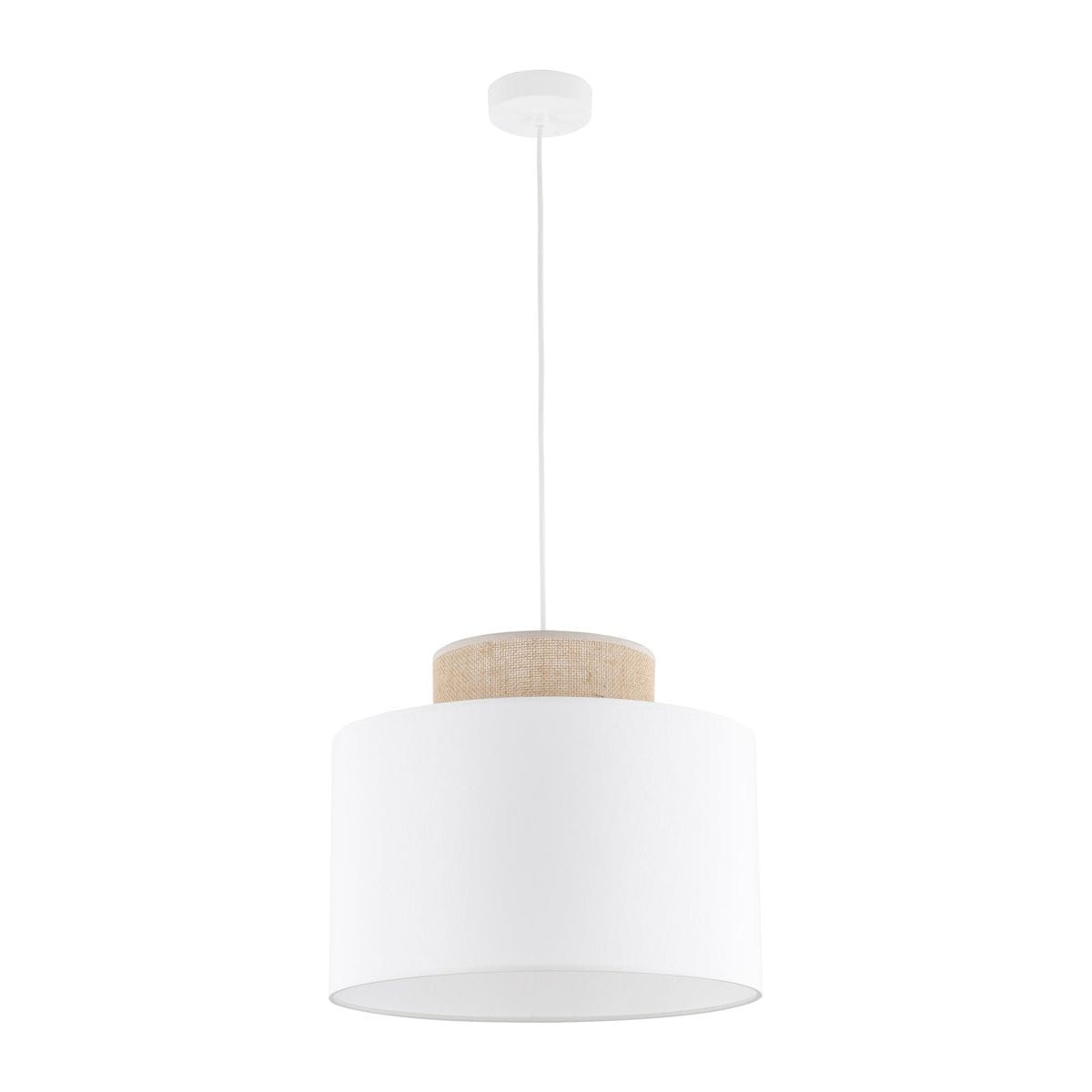 Lampa wisząca Duo D38 z białym kloszem i drewnianym elementem z juty, zawieszona na cienkim białym przewodzie. Kształt cylindryczny, minimalistyczny design, idealna do nowoczesnych wnętrz.