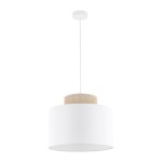 Lampa wisząca Duo D38 z białym kloszem i drewnianym elementem z juty, zawieszona na cienkim białym przewodzie. Kształt cylindryczny, minimalistyczny design, idealna do nowoczesnych wnętrz.