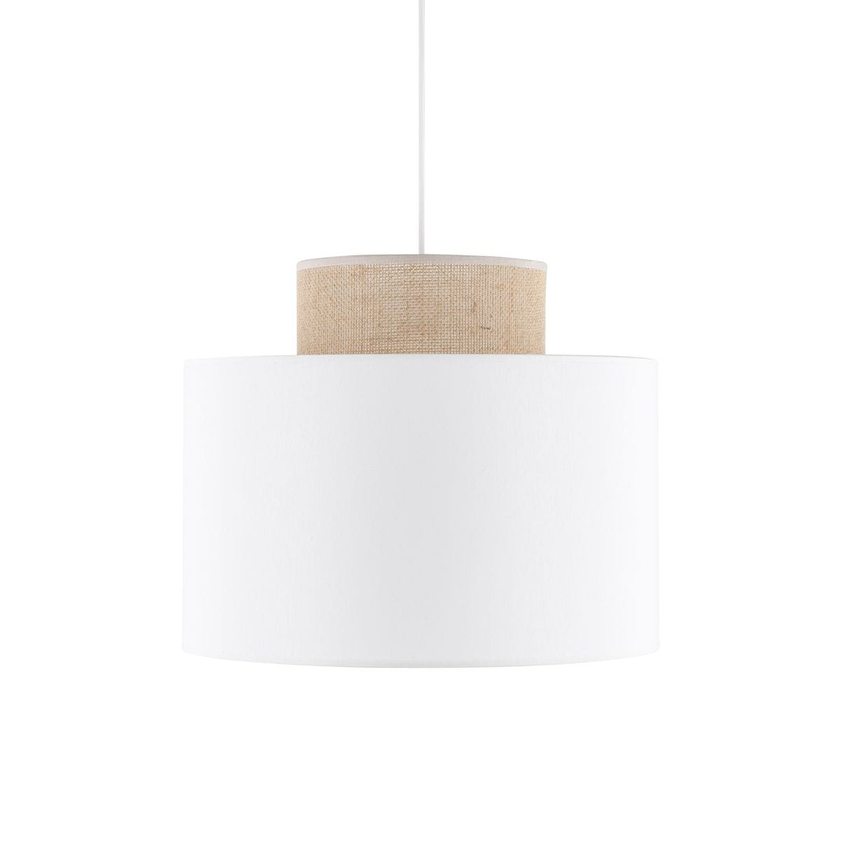 Lampa wisząca Duo D38 z kloszem w kolorze białym i elementem z juty. Kształt cylindryczny, zawieszona na białym kablu. W górnej części widoczny okrągły element z juty, tworzący kontrast z białym kloszem. Przeznaczona do zastosowania z żarówką E27.