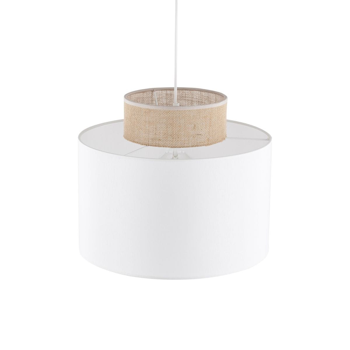 Lampa wisząca Duo D38 z białym abażurem i okrągłym, jutowym detalem na górze. Produkt zawieszone na białym przewodzie, w kształcie cylindrycznym, idealny do nowoczesnych wnętrz.