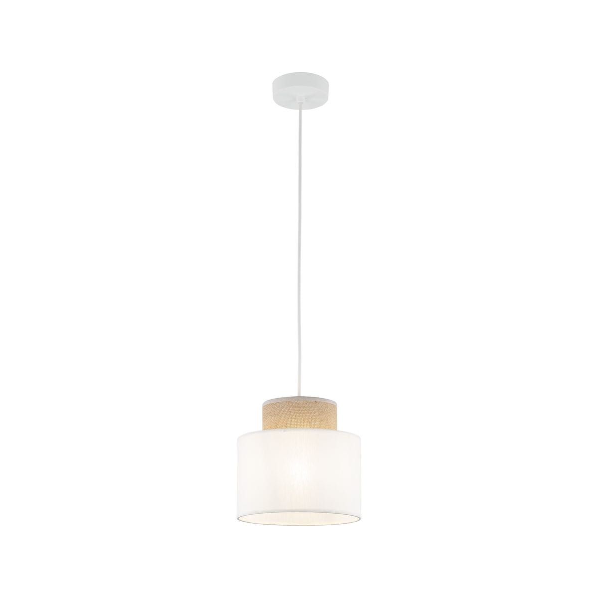 Lampa wisząca Duo D20 z oprawą w białym kolorze i jutowym akcentem. Kształt cylindryczny, zawieszona na białym przewodzie. Widoczny klosz z przezroczystego materiału, z jutowym wykończeniem na górze. Idealna do nowoczesnych wnętrz.