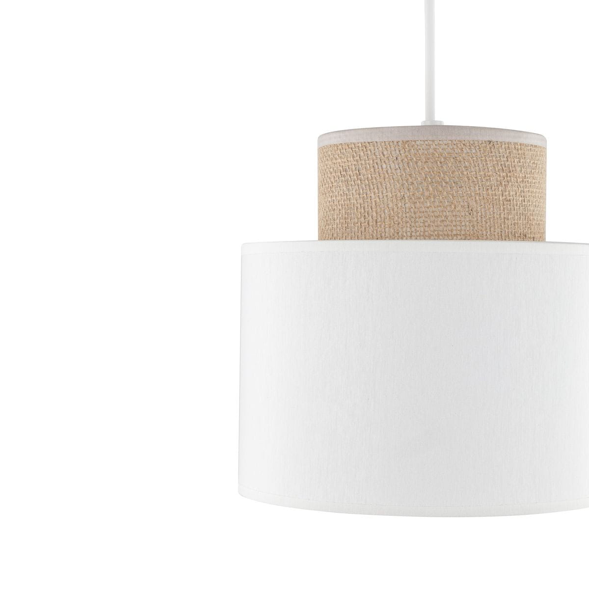 Lampa wisząca Duo D20 z białym abażurem i górną częścią z juty. Stojąca w pozycji wiszącej, o okrągłym kształcie. Prosty, elegancki design, idealna do nowoczesnych wnętrz.
