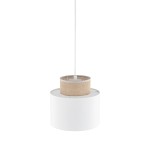 Lampa wisząca Duo D20 w kolorze białym z juty, z okrągłym kloszem u góry i cylindrycznym dolnym. Zawieszona na białym przewodzie, idealna do nowoczesnych wnętrz. Wymiary klosza i detale materiału są widoczne.