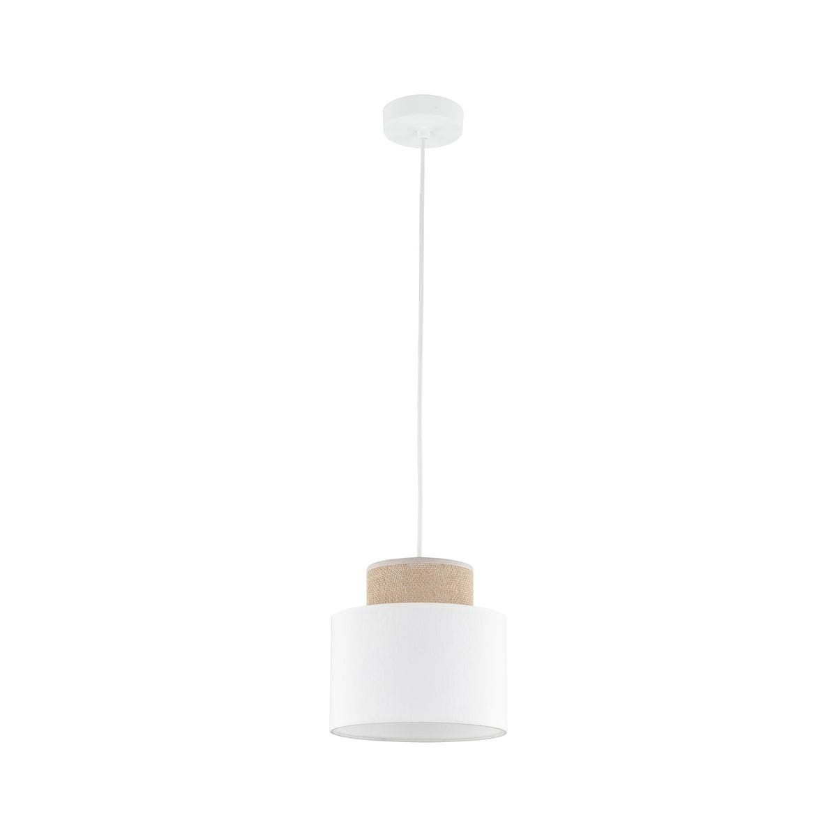 Lampa wisząca Duo D20 z oprawą w białym kolorze i dekoracyjnym elementem z juty. Kształt cylindryczny, zawieszona na białym przewodzie, z górnym mocowaniem sufitowym. Idealna do nowoczesnych wnętrz.