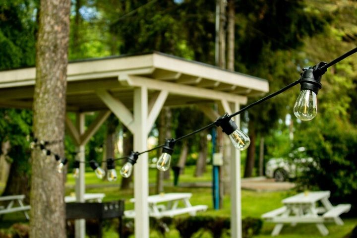 Girlanda ogrodowa o długości 10 m z czarnym przewodem, zawierająca 10 żarówek LED E27 o mocy 1W. Produkt zawieszony w zielonym otoczeniu, w tle altana oraz białe stoły piknikowe. Widać detal żarówek w przezroczystych kloszach.