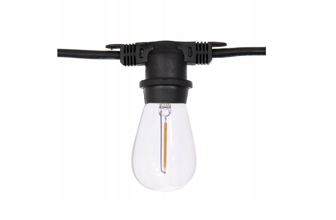 Girlanda ogrodowa 10 m w kolorze czarnym z 10 żarówkami LED E27 1W. Ujęcie z boku, widoczna jedna żarówka w przezroczystym kloszu, zawieszona na czarnym kablu. Żarówka ma prosty kształt, z widocznym filamentem w środku.