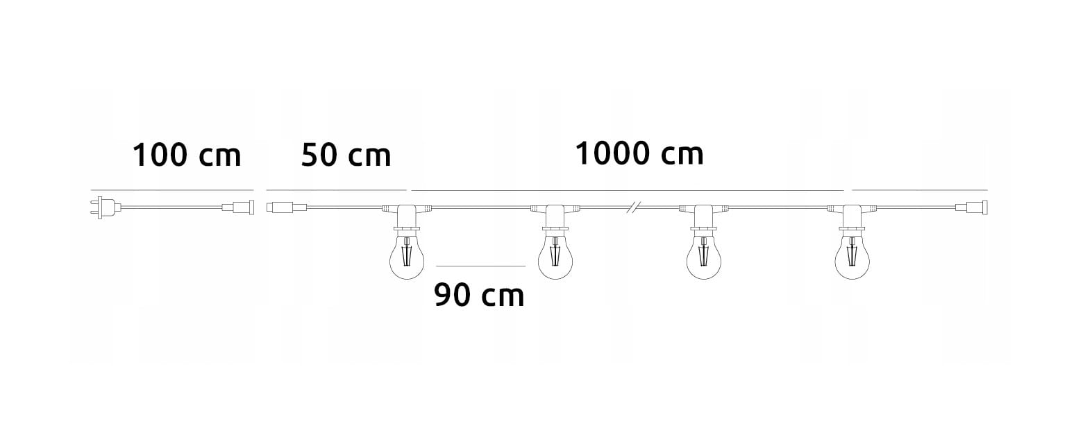 Girlanda ogrodowa o długości 10 m w kolorze czarnym z 10 żarówkami LED E27 o mocy 1W. Ujęcie w poziomie, pokazujące rozmieszczenie żarówek co 90 cm oraz długości przewodów. Produkt przystosowany do użytku zewnętrznego.