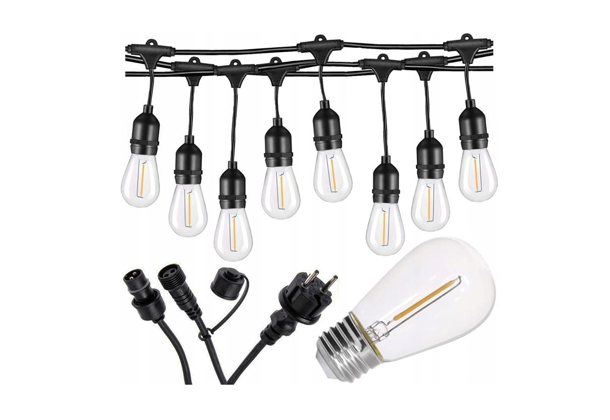 Girlanda ogrodowa łańcuch o długości 10 m, czarna, z 10 żarówkami LED E27 1W. Żarówki mają kształt łzy z przezroczystym kloszem i widoczną żarnikową filamentową. W zestawie znajdują się również przewody z wtyczką oraz elementy montażowe.
