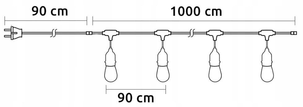 Girlanda ogrodowa o długości 10 m w kolorze czarnym z 10 żarówkami LED E27 1W. Ujęcie frontalne, pokazujące rozkład żarówek co 90 cm. Widoczny kabel z wtyczką oraz elementy mocujące. Idealna do dekoracji przestrzeni zewnętrznych.