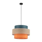 Lampa wisząca Trio z jednym gniazdem E27, w kolorze czarnym z multikolorowymi kloszami: niebieskim, pomarańczowym i beżowym. Produkt zawieszony na cienkim czarnym przewodzie, z okrągłym, czarnym mocowaniem sufitowym.