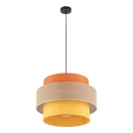 Lampa wisząca Trio z oprawą 1xE27 w kolorze czarnym, składająca się z trzech okrągłych kloszy: pomarańczowego, beżowego i żółtego. Produkt zawieszony na czarnym przewodzie.