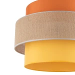 Lampa wisząca Trio z jednym gniazdem E27, w kolorze czarnym i multikolorowym. Abajur składa się z pomarańczowego, żółtego oraz teksturowanego, beżowego materiału. Ujęcie z góry, pokazujące detale konstrukcji i różnorodność kolorów abajuru.