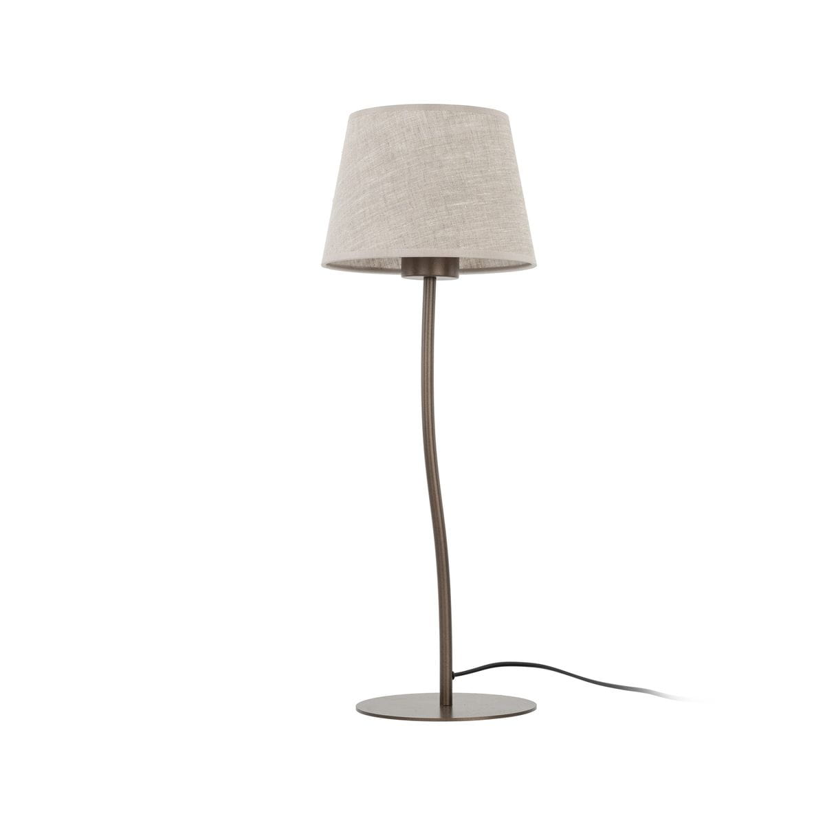 Brązowa lampka stołowa Nicola z naturalnym lnianym kloszem, o smukłej, zaokrąglonej podstawie. Ujęcie frontalne, lampka ma jedną oprawę E27. Widoczny kabel zasilający. Idealna do nowoczesnych wnętrz.