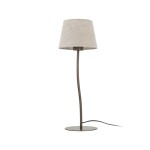 Brązowa lampka stołowa Nicola z naturalnym lnianym kloszem, o smukłej, zaokrąglonej podstawie. Ujęcie frontalne, lampka ma jedną oprawę E27. Widoczny kabel zasilający. Idealna do nowoczesnych wnętrz.