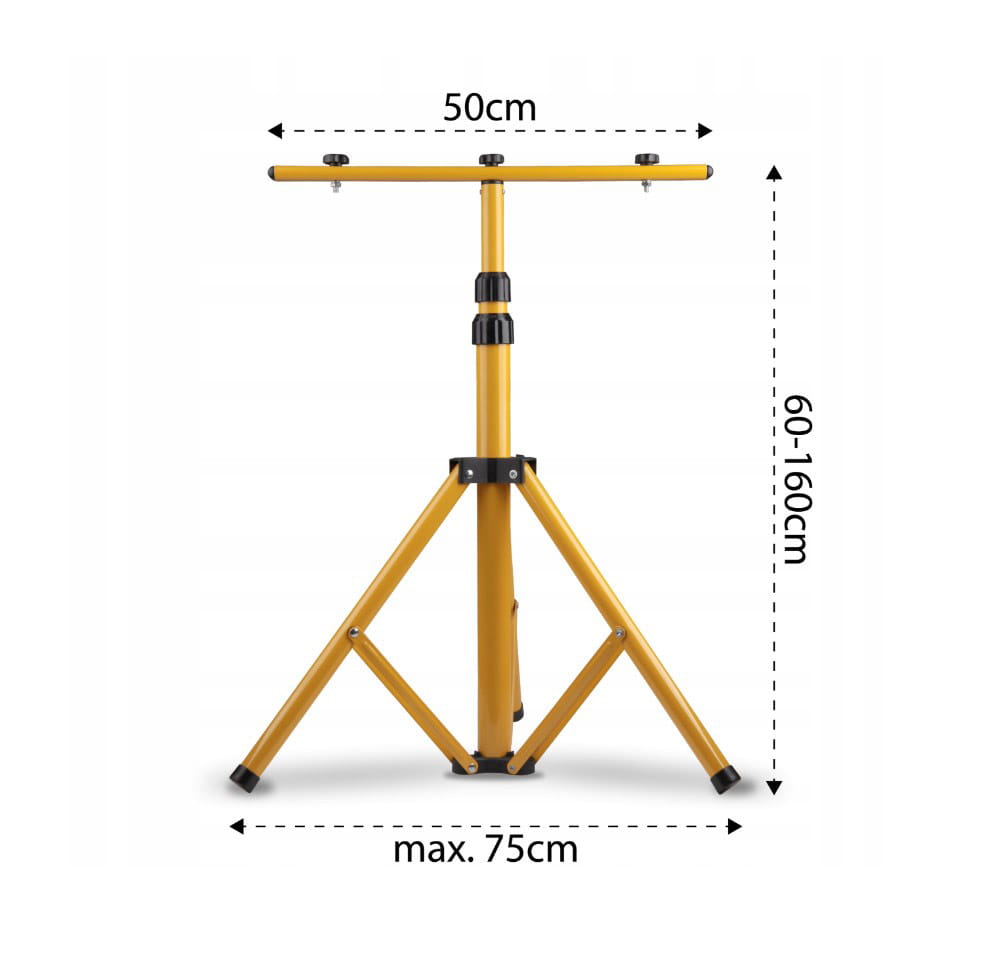 Przenośny naświetlacz LED na żółtym statywie, regulowany w zakresie 60-160 cm. Szerokość górnego ramienia wynosi 50 cm, a maksymalna szerokość podstawy 75 cm. Statyw z mocnymi nogami zapewnia stabilność. Idealny do oświetlenia w różnych warunkach.