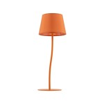 Lampka stołowa Nicola 1xE27 w kolorze pomarańczowym, o prostym, nowoczesnym kształcie. Posiada stożkowaty klosz i cienką, zakrzywioną podstawę. Produkt stoi na płaskiej powierzchni, na jasnym tle.
