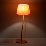 Pomarańczowa lampka stołowa Nicola z kloszem w kształcie stożka, na cienkiej, giętej nodze. Ustawiona na okrągłej podstawie. Ciepłe światło oświetla otoczenie, tworząc przytulną atmosferę. Kabel zasilający widoczny obok.