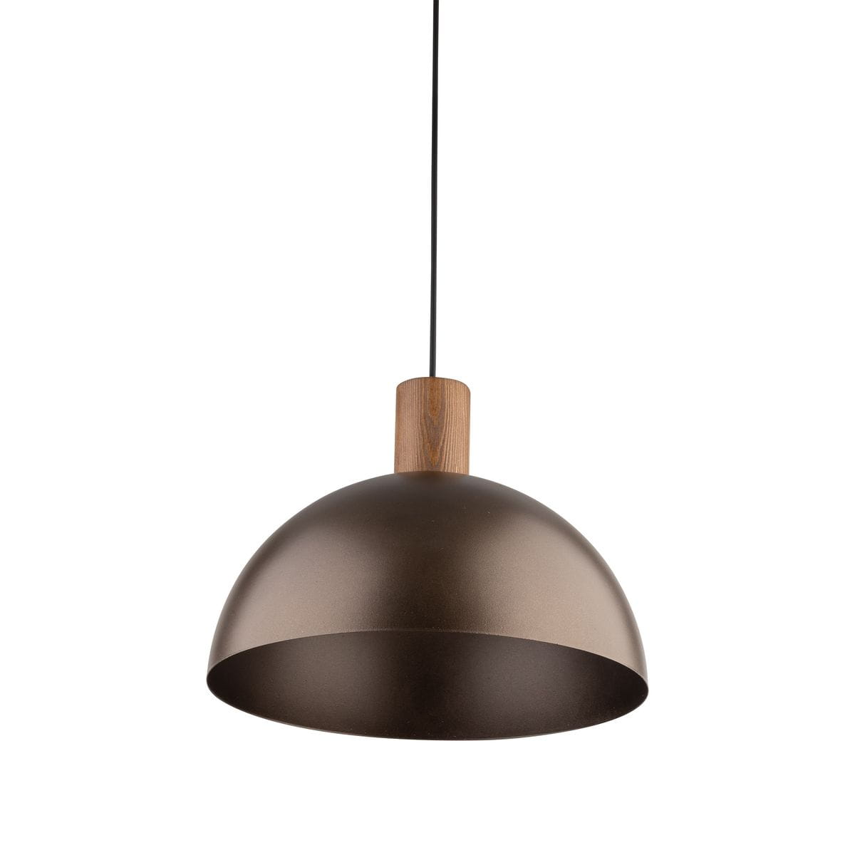 Lampa wisząca Oslo z brązowym metalowym kloszem i drewnianym uchwytem, zawieszona na czarnym kablu. Kształt półkulisty, idealna do nowoczesnych wnętrz. E27, 1x żarówka, w pozycji wiszącej.