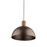 Lampa wisząca Oslo z brązowym metalowym kloszem i drewnianym uchwytem, zawieszona na czarnym kablu. Kształt półkulisty, idealna do nowoczesnych wnętrz. E27, 1x żarówka, w pozycji wiszącej.