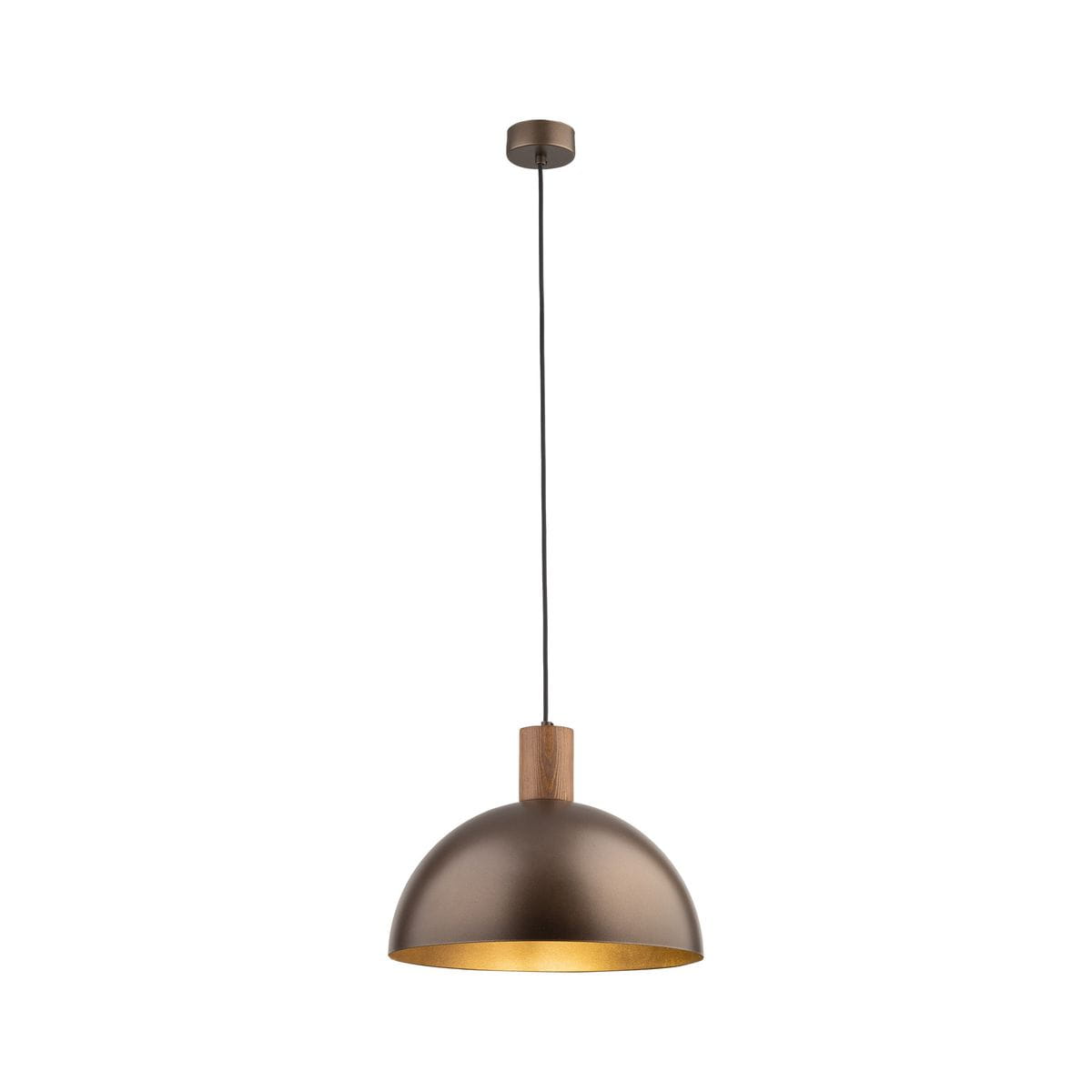 Lampa wisząca Oslo z brązowym kloszem w kształcie półkuli, zawieszona na czarnym przewodzie. Drewniany element u góry lampy. Wewnątrz klosza złota powierzchnia, co podkreśla efekt świetlny. Idealna do nowoczesnych wnętrz.