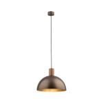 Lampa wisząca Oslo z brązowym kloszem w kształcie półkuli, zawieszona na czarnym przewodzie. Drewniany element u góry lampy. Wewnątrz klosza złota powierzchnia, co podkreśla efekt świetlny. Idealna do nowoczesnych wnętrz.