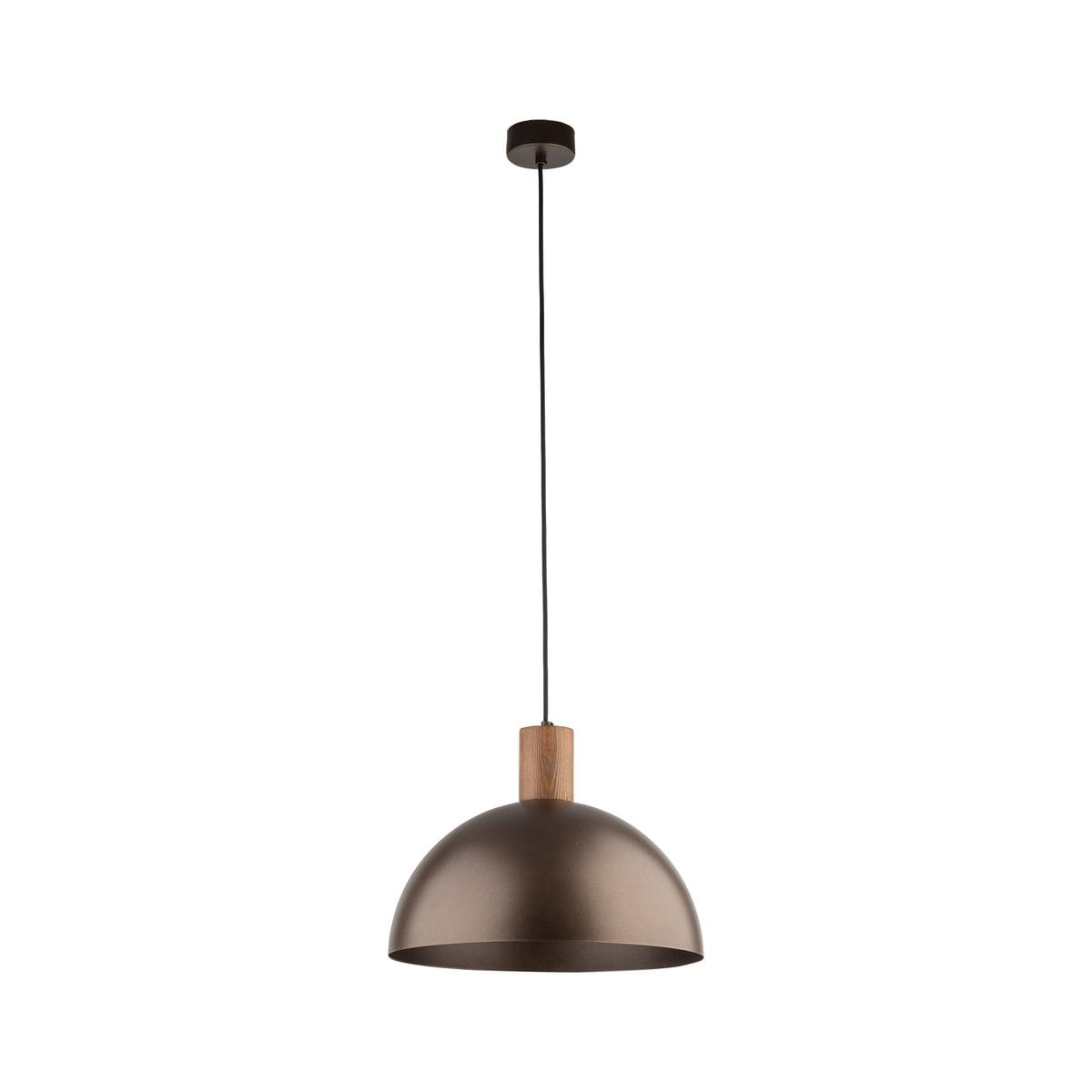 Lampa wisząca Oslo z brązowym kloszem w kształcie półkuli, zawieszona na czarnym przewodzie. U podstawy znajduje się drewniany element. Produkt przeznaczony do jednej żarówki E27. Prosta forma, idealna do nowoczesnych wnętrz.