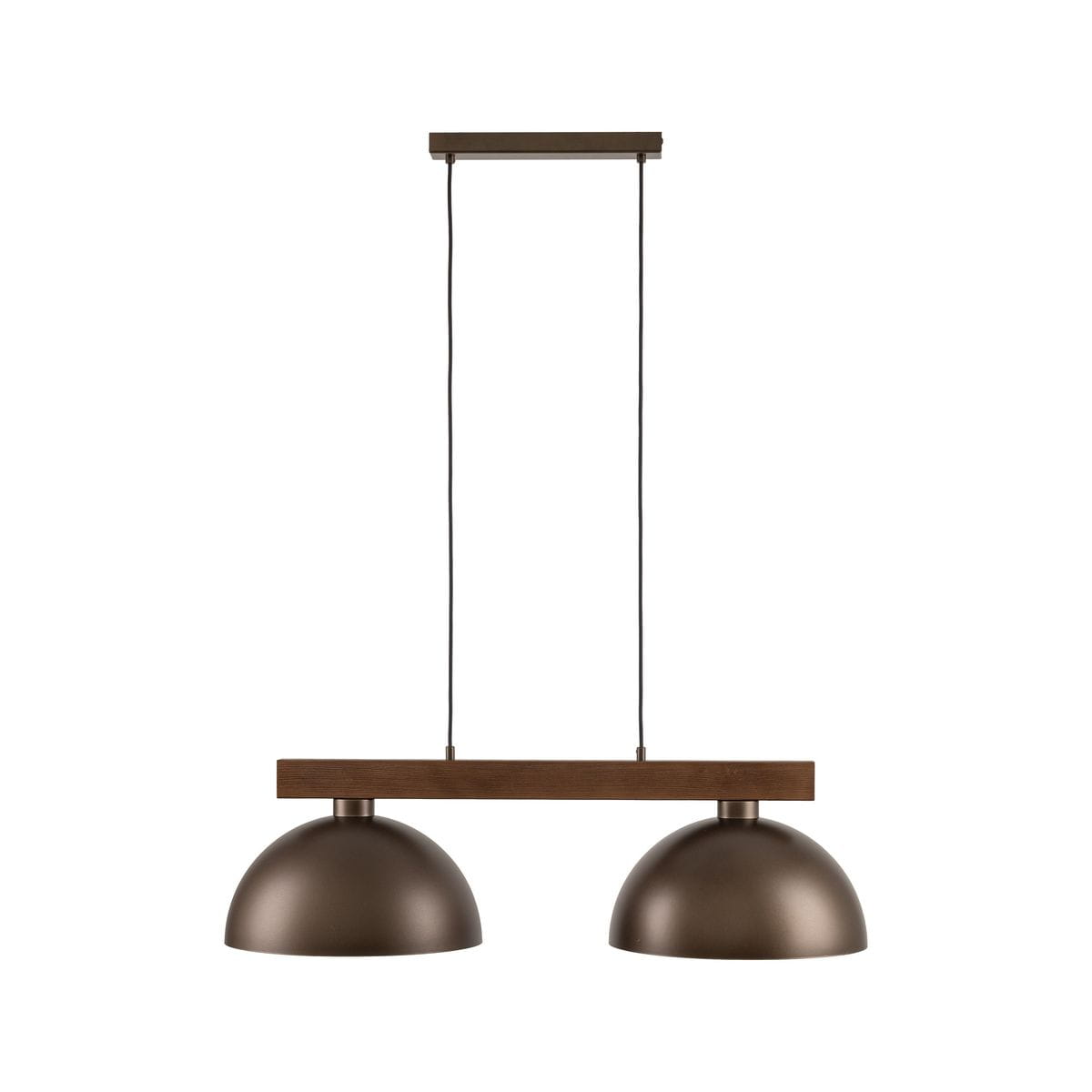 Lampa wisząca Oslo 2xE27 w brązowym kolorze z dwoma metalowymi kloszami w kształcie półkuli. Zawieszona na cienkich linkach, z drewnianym stelażem. Frontalne ujęcie, na białym tle.