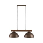 Lampa wisząca Oslo 2xE27 w brązowym kolorze z dwoma metalowymi kloszami w kształcie półkuli. Zawieszona na cienkich linkach, z drewnianym stelażem. Frontalne ujęcie, na białym tle.